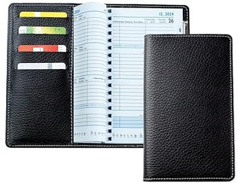 DELMON VARONE - Personalisierbarer Taschenkalender 2025 + 2026 Soft Grain Leder schwarz - Organizer Wochenplaner (1 Woche auf 2 Seiten) Lederhülle - Buch-Kalender mit Wochenübersicht & Spiralbindung
