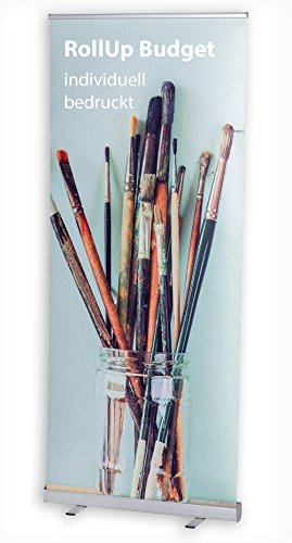 MultiBrands® Rollup Display Budget - JETZT SELBST GESTALTEN - mit eigenem Wunschmotiv, individuell Bedruckt, problemlos online editiert ohne Umwege, Farbe: Silber (100 x 200 cm)