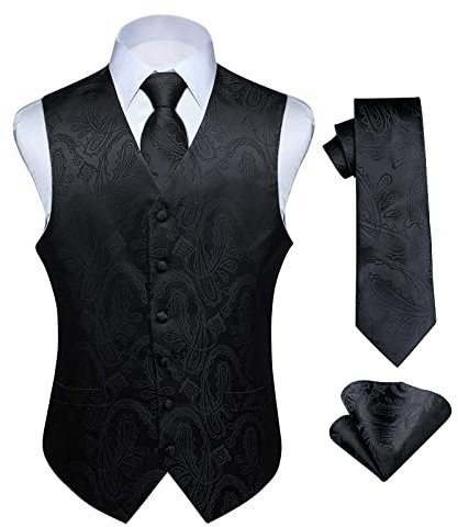 HISDERN Hommes Classique Paisley Floral Jacquard Gilet & Cravate et Gilet de Poche Gilet Ensemble, Noir-3, XL