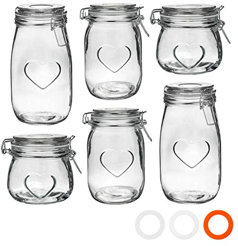 Nicola Spring Heart Design Glass Storage Airtight Food Preserve Jar with Clip Fasten, 500ml / 1L / 1.55L - Set of 6