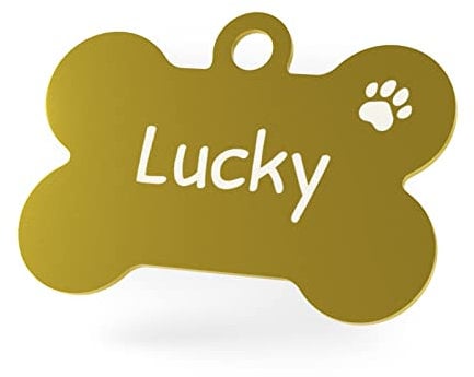 ENGRAVO Hundemarke Knochen in Gold 38mm mit Deiner persönlichen Gravur und 2 gratis Schlüsselringe