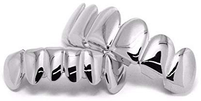 SHOP-STORY - Ensemble de Dents Style Hip Hop Grillz - Partie Haute et Partie Basse - Dentier Taille Universelle - Mise en Place Facile - Argenté