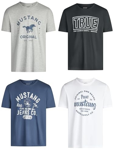 MUSTANG Tshirt Herren Baumwolle Regular Fit 4er Pack Set Rundhals Kurzarm Sommer Tee Shirt Logoprint, Größe:XL, Farbe:Pack 11