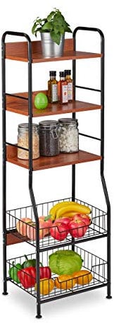 Relaxdays Küchenregal, 5 Ebenen, Obst- & Gemüsekörbe, für Küchenzubehör, schmales Vorratsregal, Metall & MDF, schwarz