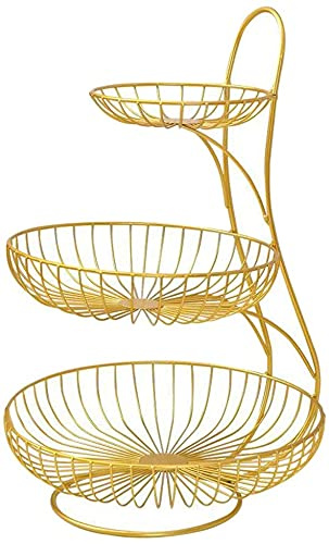 Obstkorb mit 2 Ebenen, 3 Etagen, Drahtkorb oder Obstkorb, 2 oder 3 Etagen, zum Aufbewahren und Organisieren von Gemüse, Eiern etc. (Gold 3 Etagen)