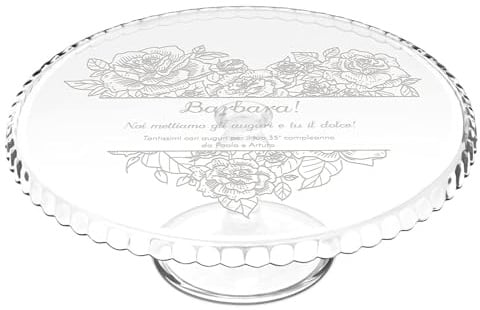 Maverton Portatorta in Vetro Trasparente, Incisione Laser Personalizzata | Piatto Tondo Porta Dolce Rialzato su un Piede, Alzata per Dolci, regalo donna, Rose