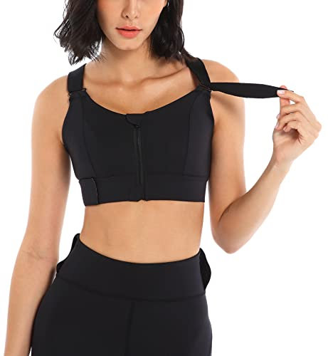 SEAUR Sport-BH Feste Brustpolster Frontreißverschluss Damen-BH mit Verstellbaren Trägern Hochschlagfester Training Bustier für Laufen Yoga Schwarz 1 XL