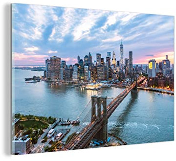MuchoWow Glasbild Glasfoto Wandbild Bilder Deko 120x80 cm New York - Skyline - Brücke