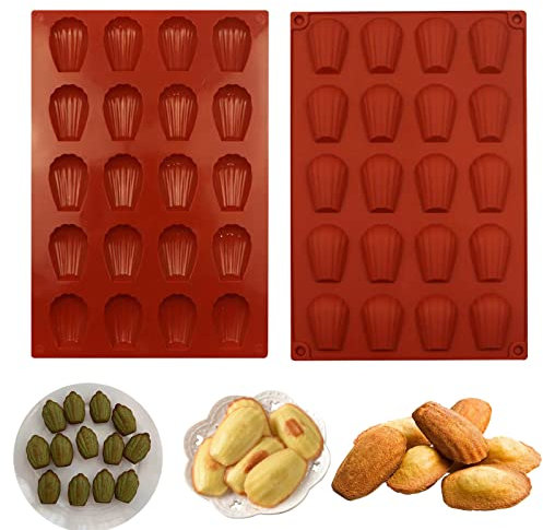 HYCSC Lot de 2 moules à madeleines à 20 cavités en silicone anti-adhésif en forme de coquillage (rouge brique)
