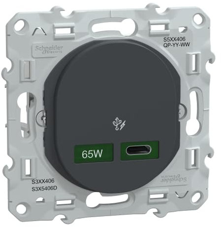 Schneider Electric - Ovalis - Prise chargeur USB-C 65W - Forte puissance pour charge app. mobiles - Anth - S340406