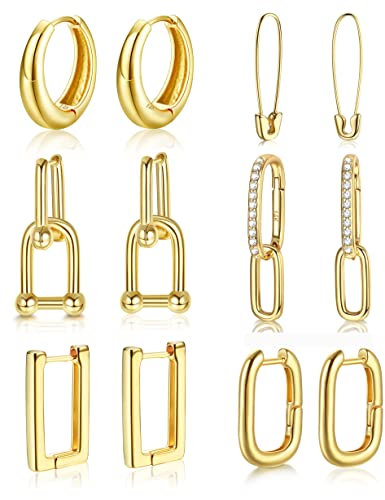 MILACOLATO Ohrringe Damen 6Paris Gold Huggie Creolen 14 Karat vergoldete Gliederohrringe Büroklammer Gliederkettenohrringe U-Form Pin Creolen Drop Dangle Ohrringe Set Für Frauen