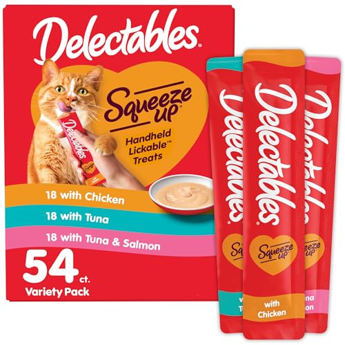 Delectables Squeeze Up Variety Pack, Creamy Squeezable Puree, Lickable Wet Cat Treats, Grain Free, No Fillers, by-Products, Preservatives, 0.5 Ounces Tube, 54 Tubes Total