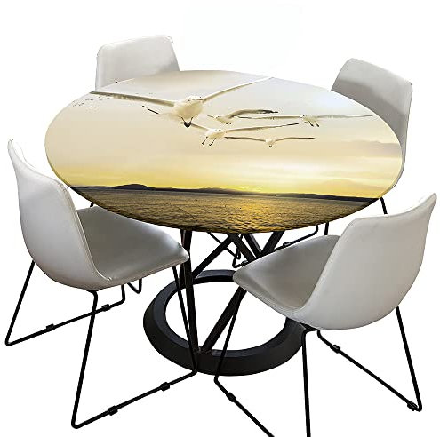 Morbuy Rund Tischdecke Elastisch, Möwe Drucken Rund Tischdecken Wasserdicht Lotuseffekt Abwaschbar Abwischbar Tischtuch für Garten Outdoor Küchentisch (Für Tisch 80-90 cm,Nachglühen)