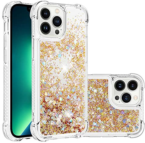 IMIRST Silikon Handy Hülle für Apple iPhone 14 Pro, Ecke Airbag Fallschutz Glitzer Treibsand Stoßfest Handyhülle TPU Bumper Sparkle Case für Apple iPhone 14 Pro. YBW Love Gold