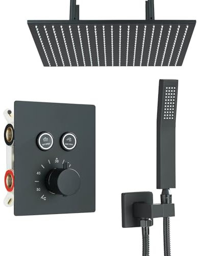Sistema De Ducha Empotrado,TVTIUO Set De Ducha Termostática Negro Montado en el Techo, LED Alcachofa de Ducha 50cmx50 cm,Ducha de Mano,Cuerpo de Latón