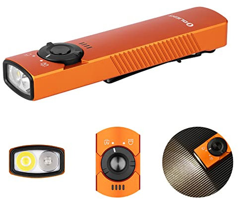 OLIGHT Arkfeld UV 1000 Lumens Rechargeable EDC Torch with UV LED and White Light,Anti-Slip Grip,Super-Thin Build Flat with Two-Way Pocket Clip for Outdoors, Emergency, Work (Orange,NW: 4000~5000K)