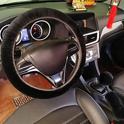 TIANNAIT Three plush steering wheel sets, thickened and warm auto parts, soft and fluffy steering wheel sets, handbrake sets, shift sleeves (black) (FXPT1)