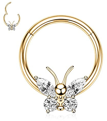 AROWRO Gold Schmetterling Septum Ring 16G 8mm, Piercing Schmuck, 5g, Klicker, Klassisch, 316L, Unisex, Edelstahl, Gold, Klar, Septumring
