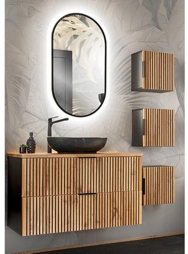 Lomadox Badezimmer Waschplatz Set mit 3X Hängeschrank, 100 cm Unterschrank mit Waschbecken, LED Spiegel in anthrazit mit Eiche Nb. Schwarze Rillen, B/H/T: ca. 150/200/46,5 cm