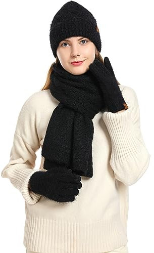 CAMLAKEE Damen Mütze Schal Handschuhe Set Frauen Winter Beanie Wintermütze DamenSchal Handschuh für Teenager Mädchen Schwarz
