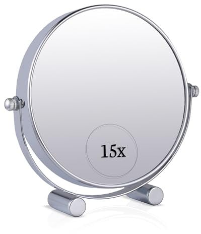 Mirrorvana Miroir de Maquillage grossissant 15x sur Pied pour Coiffeuse, Miroir Rond Double Face 15x et 1x idéal pour Chambre et Salle de Bain, 17 cm x 15 cm (Chrome)
