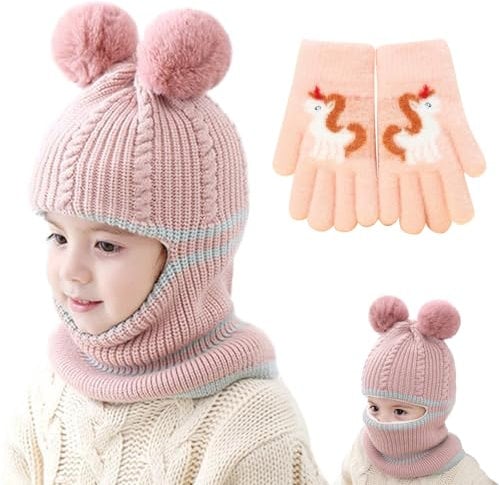 TYXHXTF Wintermütze für Kinder und Mädchen, Schlupfmütze Warm, Beanie Strickmütze Mit Bommel, Schal Winter Set für 3-8 Jahre Alt Baby