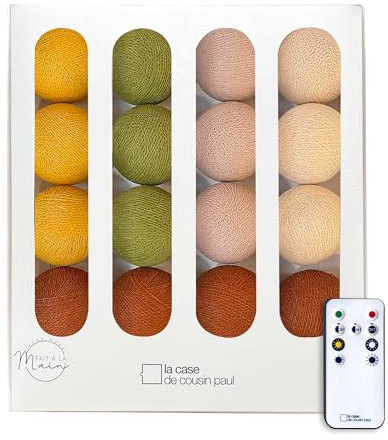 La Case de Cousin Paul Guirlande Lumineuse Chambre Enfant Boules Tissées LED, Télécommande, Programmable, USB, Fabriquée à la Main, Artisanale - 16 Boules (Ophelia)