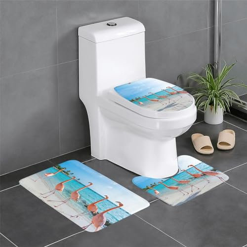 KIROJA 3-teiliges Badezimmerteppich-Set, Motiv: rosa Flamingo am Strand, weiche, rutschfeste Badematte, WC-Deckelbezug, Duschvorleger, Badezimmer-Dekor