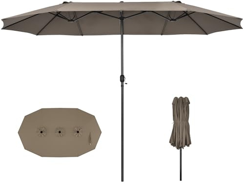 GOPLUS Grand Parasol de Jardin Exterieur, 4,7M Parasol Rectangulaire Double Face avec Manivelle, 12 Baleines, Résistant aux UV, pour Balcon Plage Jardin, Base Non Incluse (Café)