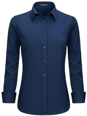 Stamain Camisa de Mujer Azul Marino de Manga Larga con Escote en V Blusa de Botones Elegante para Oficina y Eventos M