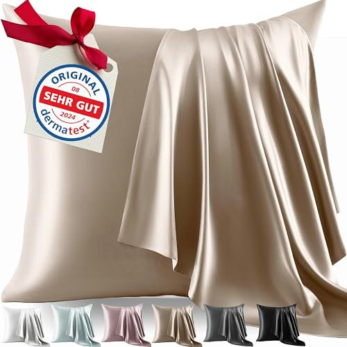 Welldora Kissenbezug aus 100% Seide 40x40 | Hohes Gewicht: 22 Momme, ideal für Haut und Haar | Höchste Güteklasse 6A | Streng Zertifiziert in der Schweiz | Oeko-Tex* Seidenkissenbezug Beigegold