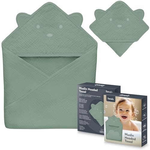 Lionelo Muslin Hooded Towel Musselintuch mit Kapuze 80x80 cm | für Babys nach dem Baden, Atmungsaktives Weiches Baby-Badetuch Naturstoff 6 Farben