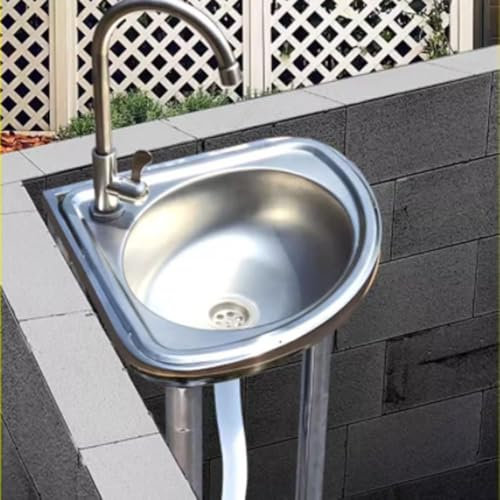 DSKJHI Freistehend Edelstahl Waschbecken mit Heißem und Kaltem Wasserhahn, Outdoor Eckspüle Ausgussbecken mit Standfuß, Kleines Becken Dreieck