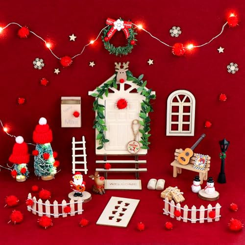 FHzytg Wichteltür Set mit Licht, Weihnachtsdeko Elfentür, Zauberhafte Wichteltür Komplettset, Miniatur Holz Wichtel Tür Dekoration für Weihnachten, DIY Weihnachten Puppenhaus-Set