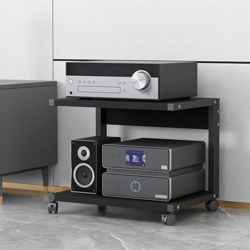 Hifi Regal Audio Rack,2-stufiges AV-Medienständer mit Rädern,Plattenspieler/Gaming/DVD Schrank,Record Player Stand aus Holz,Stereo TV Ständer,für Wohnzimmer,Spielzimmer,Entertainment-Center(Nero,50x40