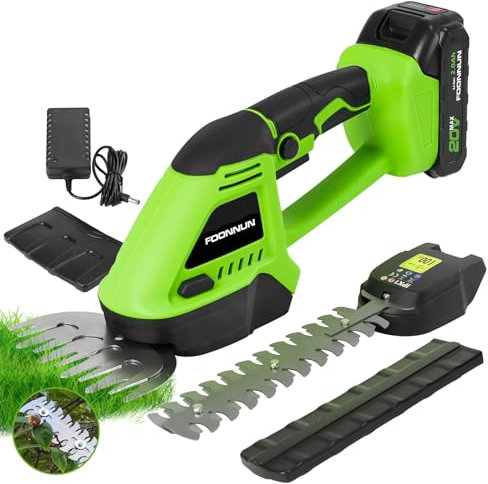 FOONNUN Tagliasiepi a Tosaerba Batteria, 2 in 1 Tagliasiepi Elettrico, Cesoie Elettriche, Larghezza di Taglio/Lunghezza di Taglio 13mm/200mm, con 2 Lame Intercambiabili e 2A Batterie Ricaricabili