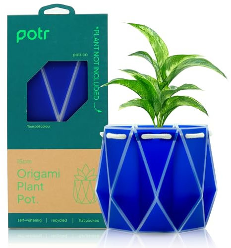 POTR Flower Pot Gift (15cm, Navy Blue) | Self-Watering Innovation for Eco-Friendly Planting | Space-Saving Flat Pack Design Plant Pot for Living Room & Office Decor