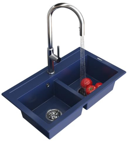 Granitan Doppelbecken mit PRATICHROM Küchenarmatur & Syphon, 74,6x44,2 cm