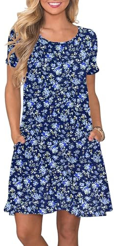AUSELILY Women's Summer Dresses Casual T-Shirt Short Sleeve Dress Loose Swing Short Dress with Pockets, Blue Print Flowers M