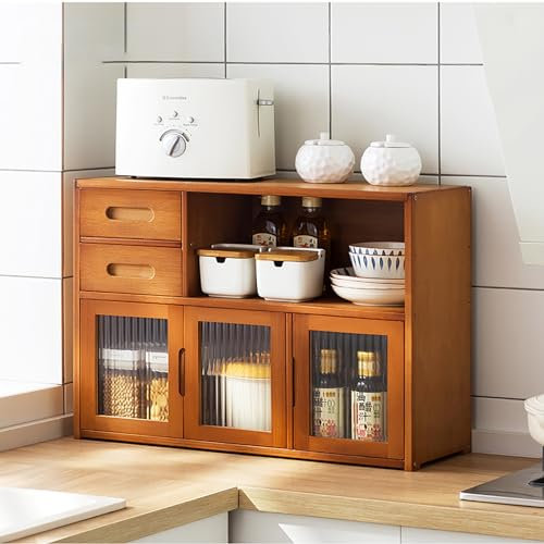 Küchen-Abzugschrank mit mehrschichtigem Gewürzregal und Geschirrkorb, braunes Holz-Finish, 62 x 23 x 48 cm