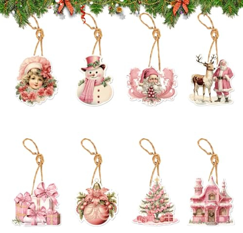 Niedliche Weihnachtsanhänger, rosa Weihnachtsanhänger, pink, 8 Stück, baumschmuck, Vintage, Weihnachtsdeko, niedliche Schneemann Weihnachtsartikel für Arb