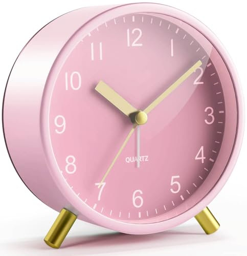 Jisile Réveil analogique rose pour filles, silencieux, sans tic-tac – Horloge de bureau avec veilleuse, jolie horloge en métal pour chambre à coucher, femmes et adolescentes (rose)
