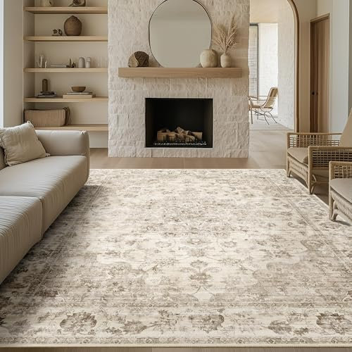 HUGEAR Vintage Beige Waschbarer Teppich Wohnzimmer 200x300cm Retro Rugs for Living Room Weich rutschfest Groß Tepich Kurzflor Schlafzimmer Carpet Living Room Bedroom Esszimmer Teppiche Büro