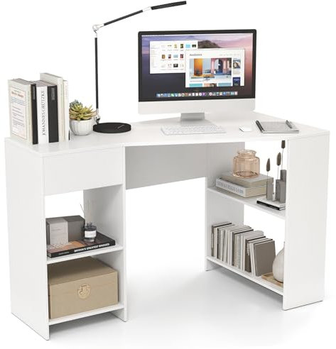 GIANTEX Scrivania per computer a forma di L, 120 x 60 x 75 cm, scrivania ad angolo con cassetti e ripiani aperti, design salvaspazio, tavolo ad angolo per camera da letto, ufficio (bianco)