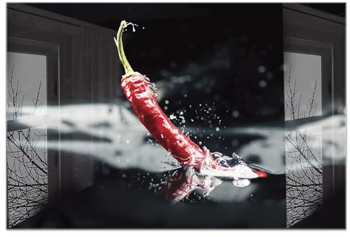 timalo Küchenbild aus Acrylglas modernes Wandbild Glasbild Deko Küche XXL Bild wie Glas | 120x80cm Chili Splash, rote Peperoni, Chillischote, Gewürze, exotische Küche, Food Art