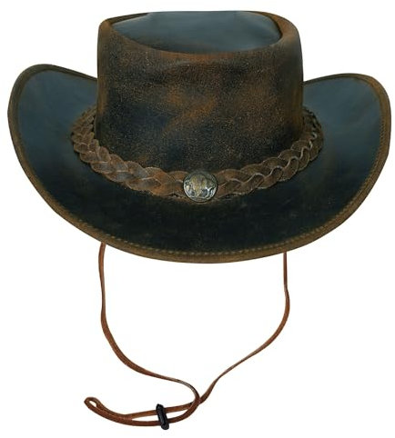 URBAN 5884 Cowboyhut aus echtem Leder, Western-Hut aus Rindsleder mit Verstellbarer Krempe und Kinnriemen - Tan, S