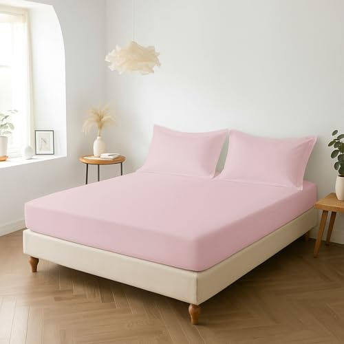 Pizuna Percale Fitted Sheet Super King 180x200 cm with 2 Pillow Cases | Light Pink 100% Long Staple Cotton Crisp Percale Weave Fitted Bed Sheets 40 Cm Deep Pocket