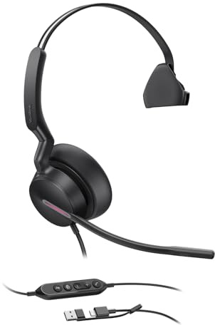 Yealink UH46 Mono USB Wired Headset with 3 Noise Cancelling Microphones for PC/Computer/Laptop, Teams Certified,Mute Call Button for Home Office Online Meetings, Plug & Play USB-C/A