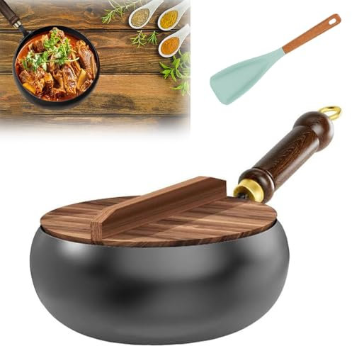 Keoepro Artisan - Casseruola in ghisa non smaltata, padella in ferro non rivestita con coperchio in legno, padelle antiaderenti forgiate a mano, pentola grande per cuocere a fuoco lento (con coperchio