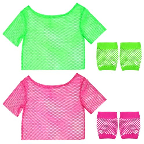 MIPIACE 2 Pièces Deguisement Annee 80 Femme Haut en Résille Fluo Deguisement Femme Annee 80 et 2 Paire Gants T-Shirt en Maille pour Femmes Tenue pour Soirées à Thème et Spectacles sur Scène Cosplay